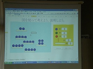 考え方のヒントを拡大して児童に見せている様子